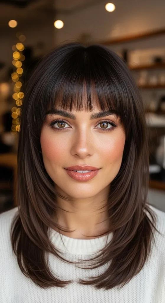 Soft Mullet with Wispy Curtain Bangs and Espresso Base