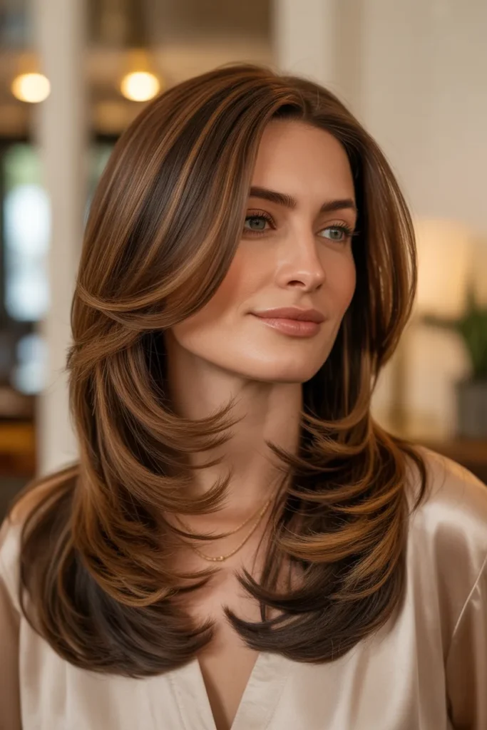Sophisticated Layered Haircut With Lowlights and Dimension