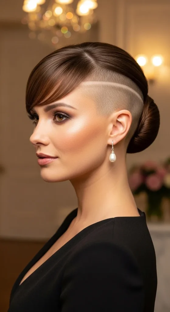 Sophisticated Side Shave With a Chignon and Wispy Bangs