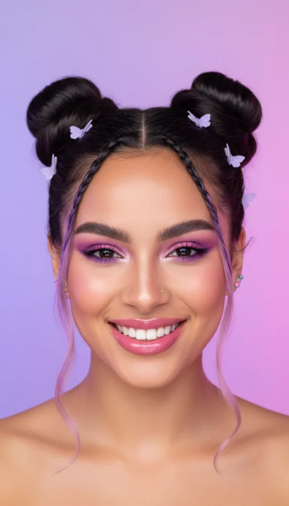 Space Buns With Baby Braids Leading to Each Bun