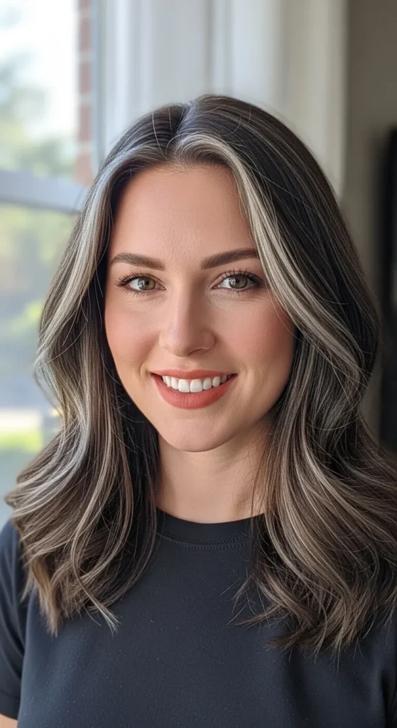Subtle Silver Highlights on Warm Brunette Hair
