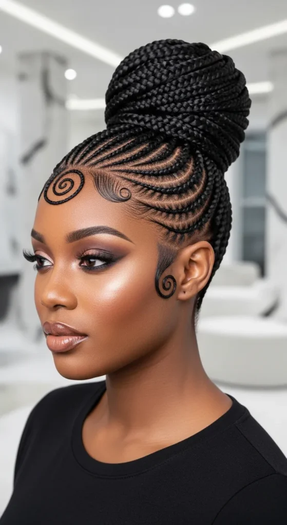 Swirl Cornrows Into a High Bun Updo