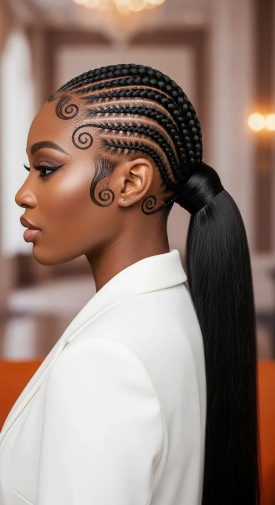 Swirl Cornrows Into a Sleek Low Ponytail