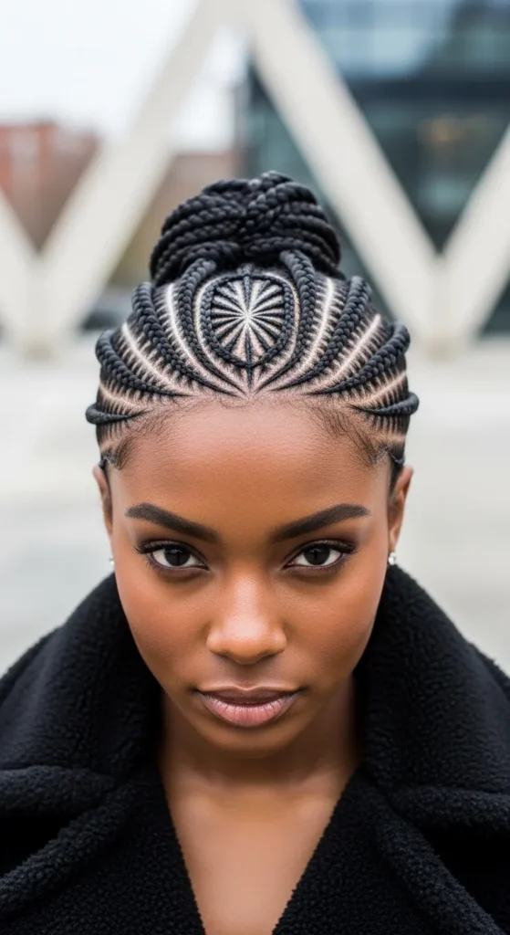 Swirl Cornrows With Geometric Crown Pattern