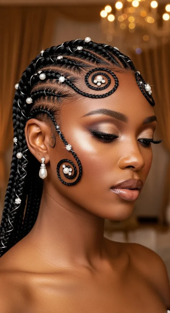 Swirl Cornrows With Pearl and Crystal Accessories