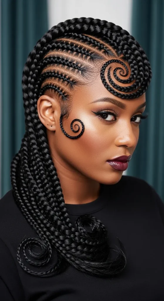 Swirl Cornrows With Side Swept Design