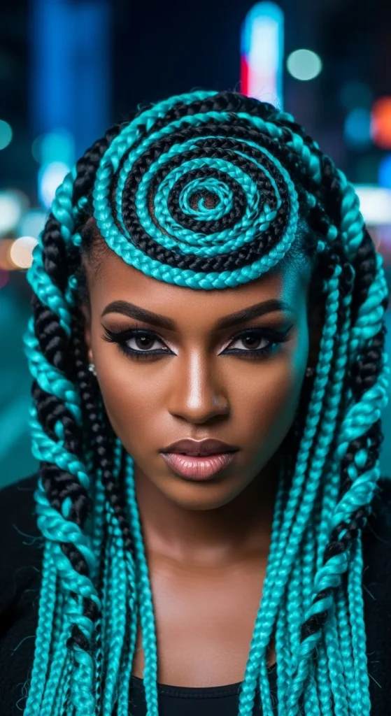 Swirl Cornrows With Turquoise and Black Color Pop