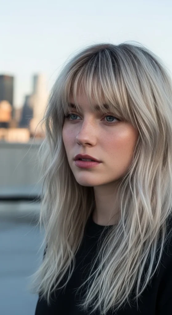 Textured Long Wolf Cut with Feathered Curtain Bangs