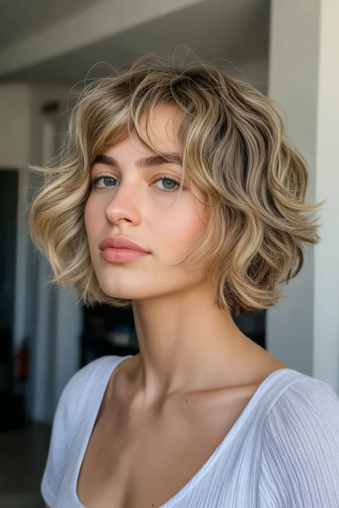 Textured Shag Cut with Curtain Bangs on Wavy Hair