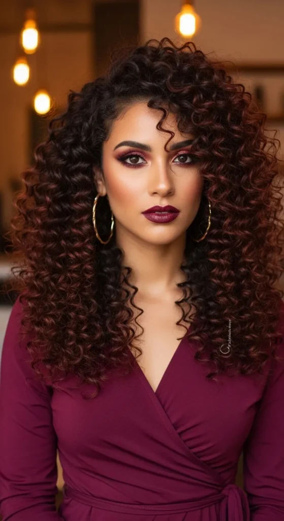 Voluminous Curly Layers With Side Part For Oval Shaped Face