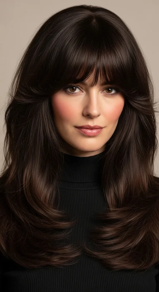 Voluminous Long Wolf Cut with Thick Curtain Bangs