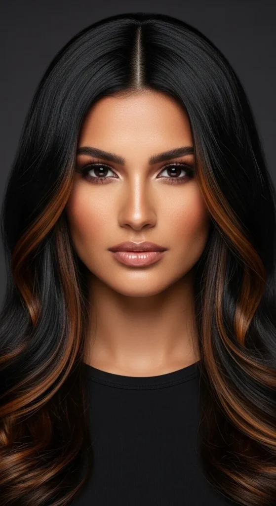 Warm Caramel Highlights on Black Hair