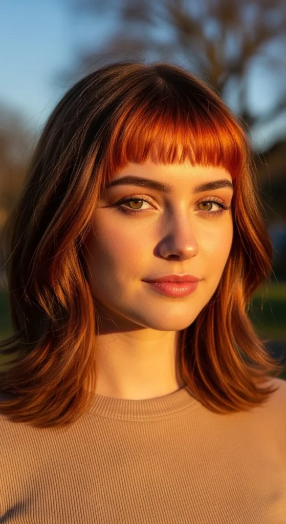 Warm Chestnut Wolf Cut with Sunset Orange Bangs