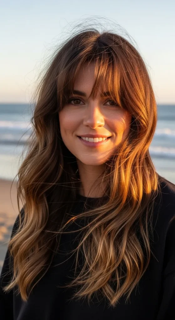 Wavy Long Wolf Cut with Face-Framing Curtain Bangs