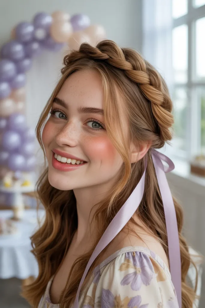 Whimsical Twisted Crown Birthday Hairstyle With Ribbon