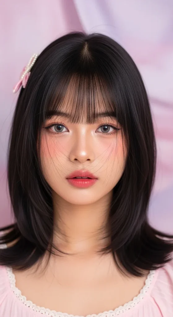 Wispy Korean Bangs with Shoulder-Length Hair