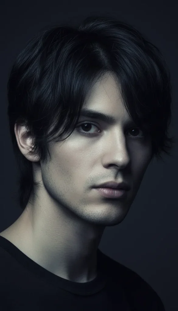 Wolf Cut Men with Black Hair and Dramatic Layers