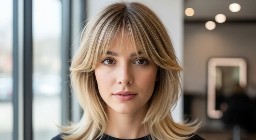 blonde wolf cut with bangs