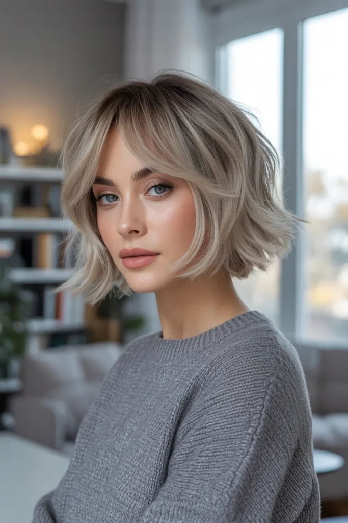 Ash Blonde Shaggy Bob With Curtain Bangs And Choppy Layers