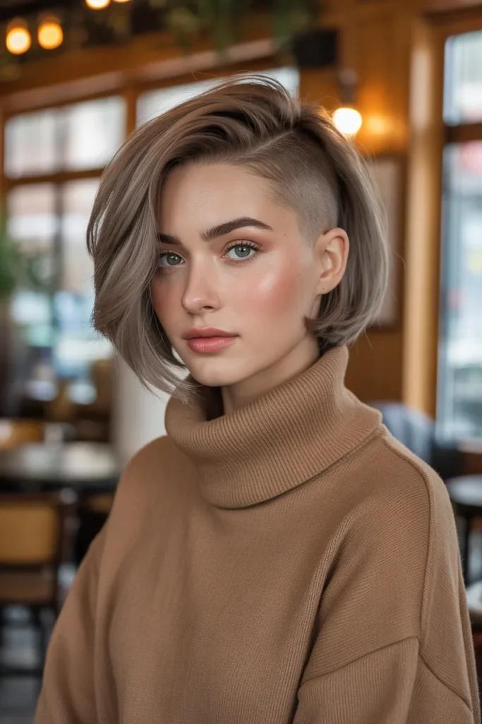 Ash Brown Undercut Bob With Side-Swept Bangs