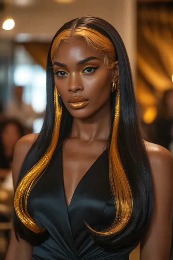 Black Hair with Gold Streaky Highlights for Glamorous Vibes