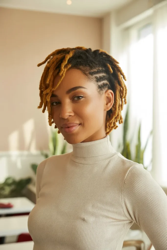 Blonde-Tipped Loc Styles Short Hair With a Defined Part