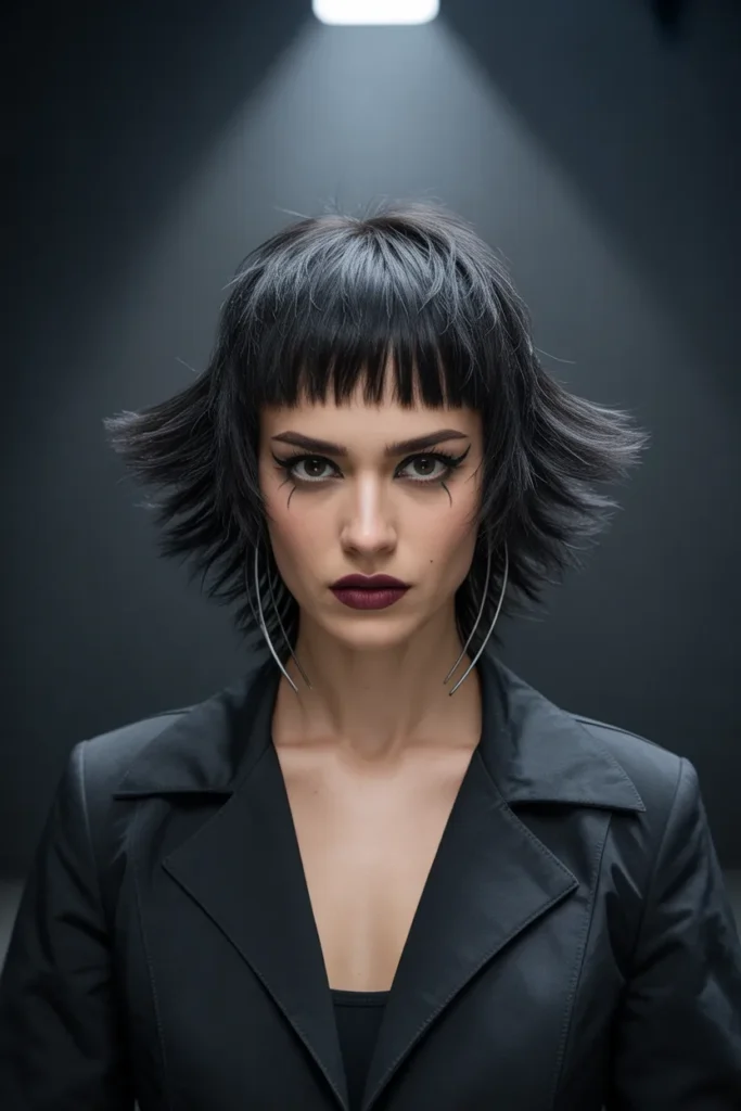 Bold Black Medium Shag Haircut With Micro Bangs