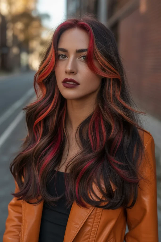Bold Red and Copper Streaky Highlights for Fiery Looks