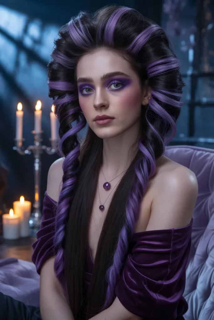 Bold Y2K Skunk Hair in Purple and Black for a Mystical Vibe