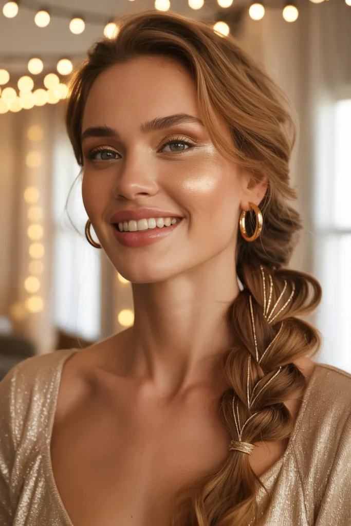 Braided Ponytail With Wrapped Gold Thread Detail