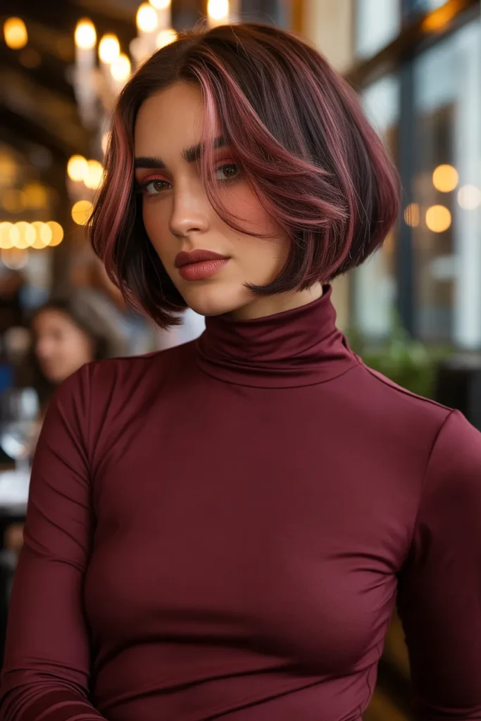 Burgundy Undercut Bob With Babylights