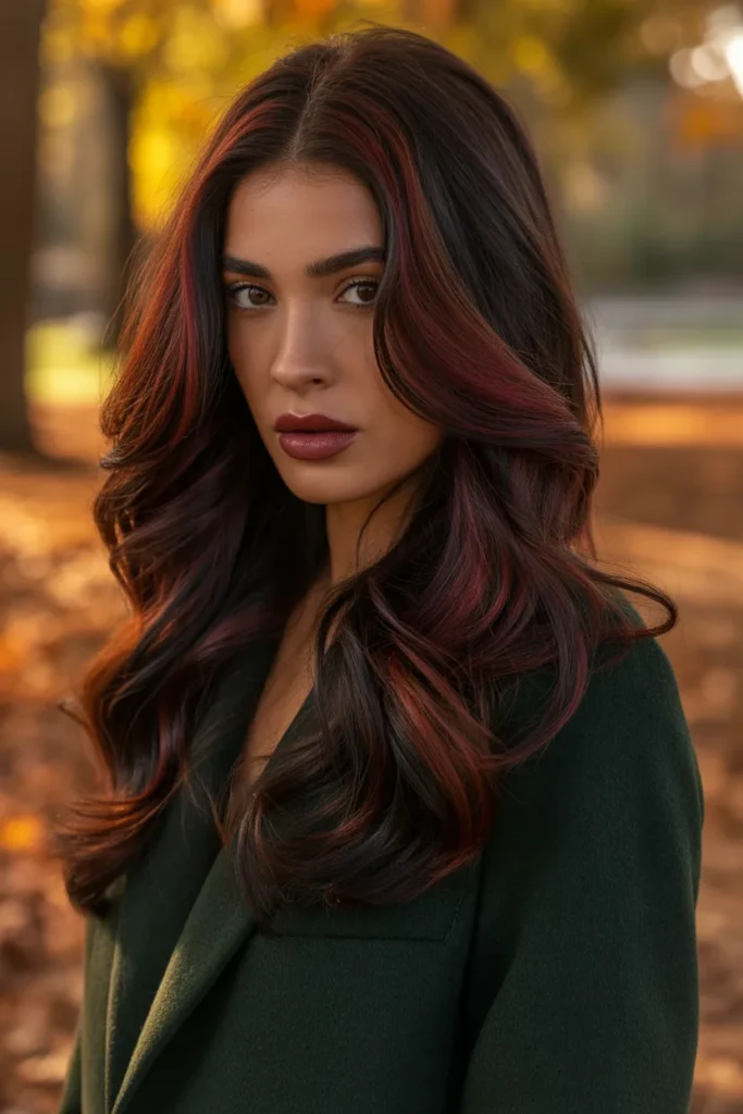 Burgundy and Brown Streaky Highlights for a Bold Fall Look