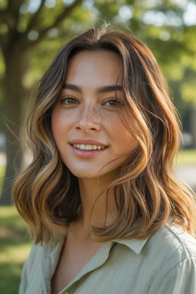 Caramel Streaky Highlights on Shoulder-Length Hair