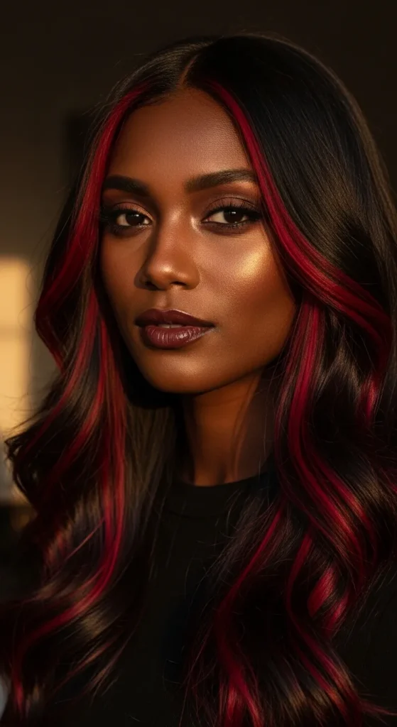Cherry Bomb Highlights on Dark Hair for a Subtle Rebellion