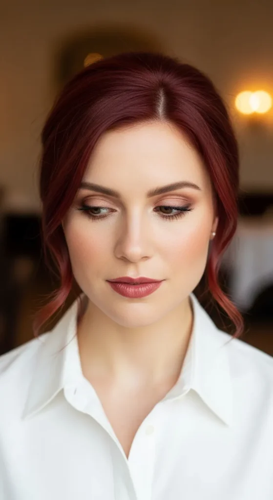 Cherry Red French Tuck Updo for Effortless Sophistication