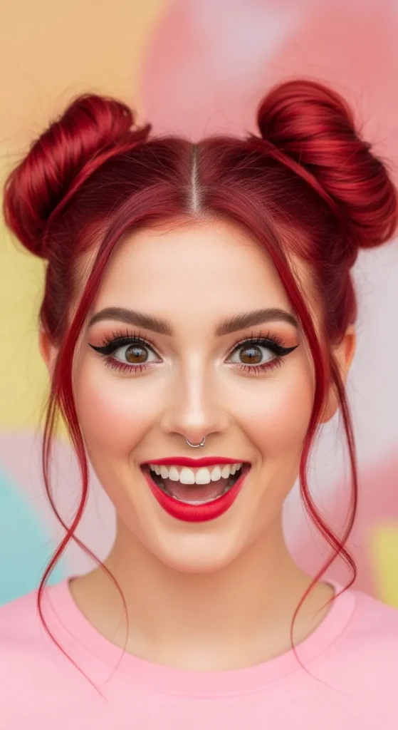 Cherry Red Space Buns for a Playful Rule-Breaking Look