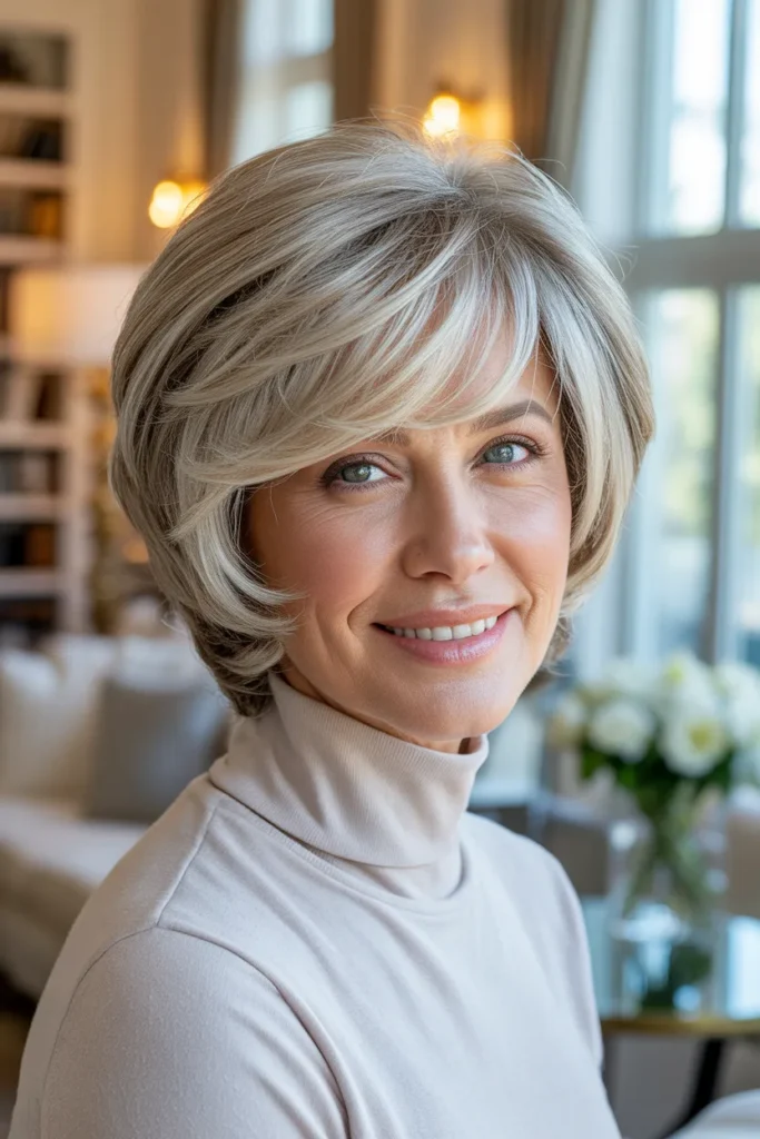 Chic Layered Short Shag With Bangs For Older Women