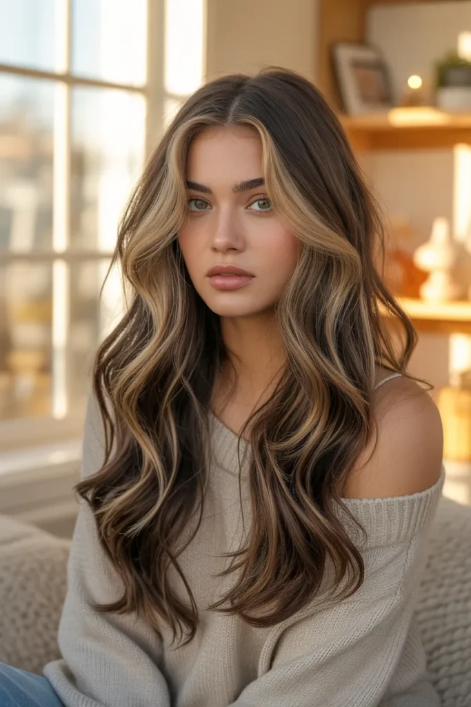 Chunky Blonde Streaky Highlights on Dark Brown Hair