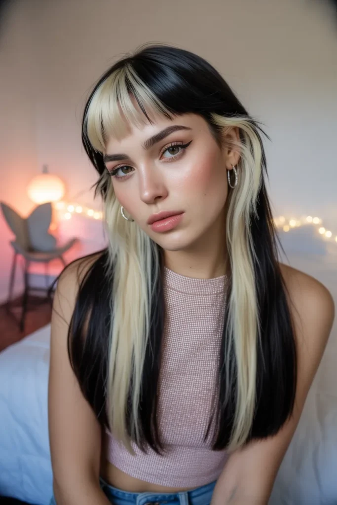 Classic Black and Blonde Y2K Skunk Hair with Curtain Bangs