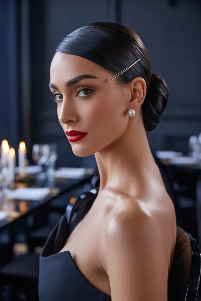 Classic Red Lip and Sleek Low Bun Elegance