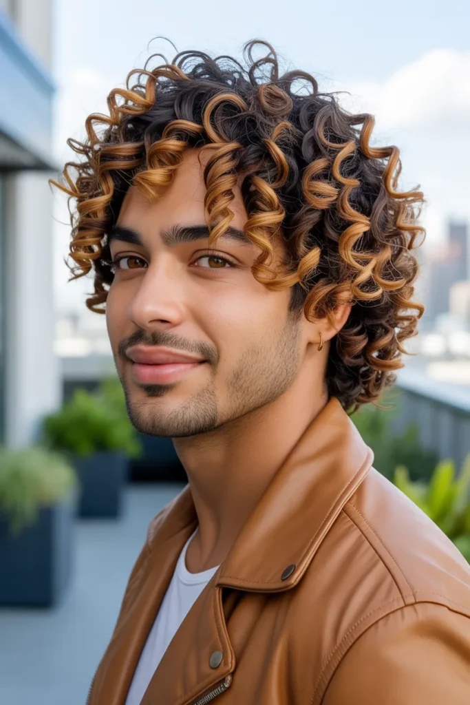 Curly Hair Men Color with Caramel Highlights
