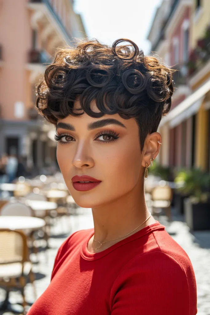 Curly Pixie Cut With Baby Bangs