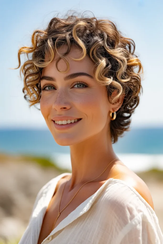 Curly Pixie Cut With Blonde Balayage