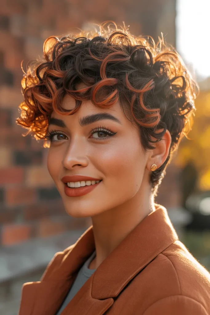 Curly Pixie Cut With Bold Copper Highlights