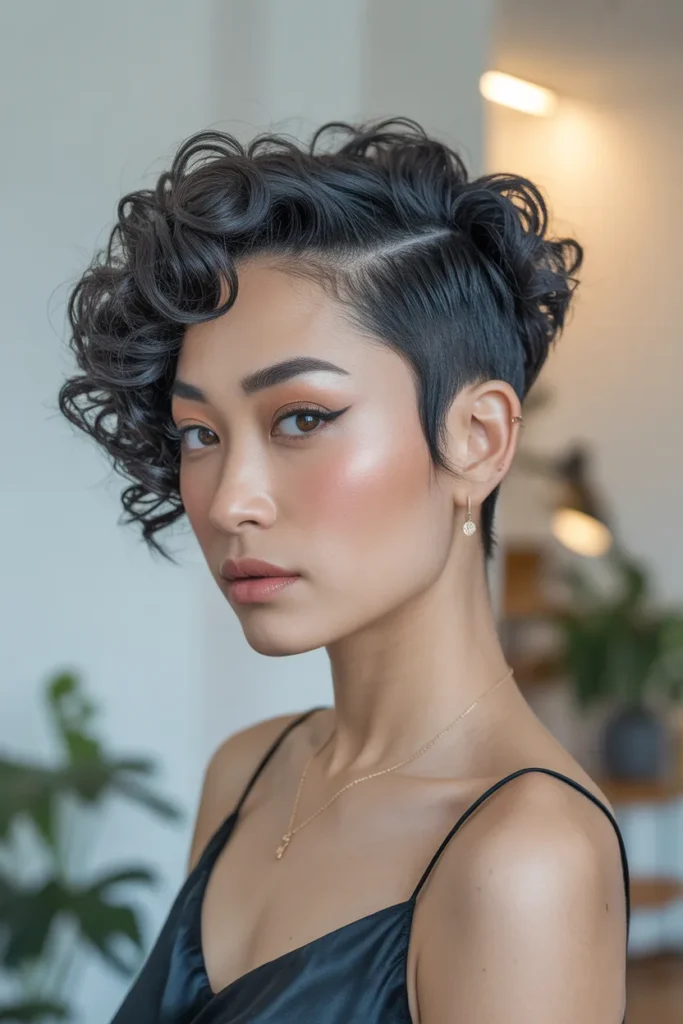 Curly Pixie Cut With Deep Side Part