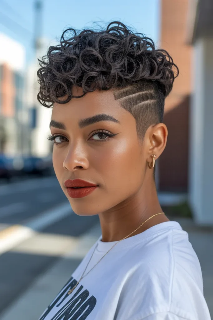 Curly Pixie Cut With Temple Fade for a Fresh Edge