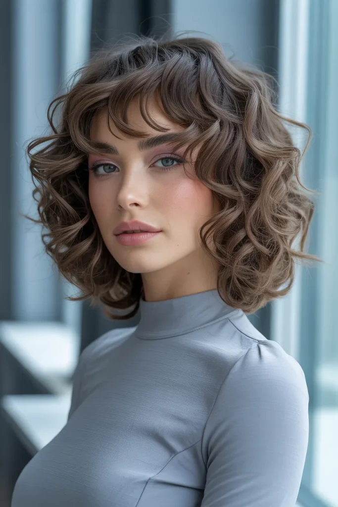 Curly Shag With Curtain Bangs for Square Faces