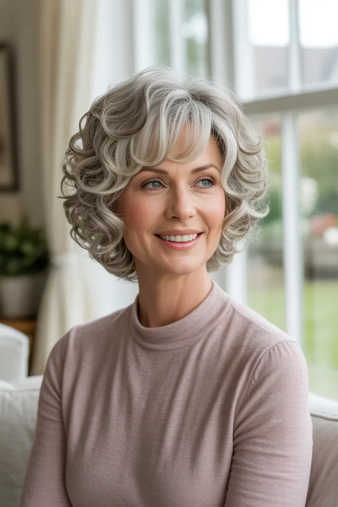 Curly Shag With Side Swept Bangs for Mature Women