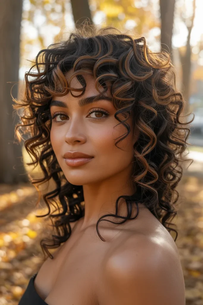 Curly Wolf Cut With Dark Brown and Caramel Tones