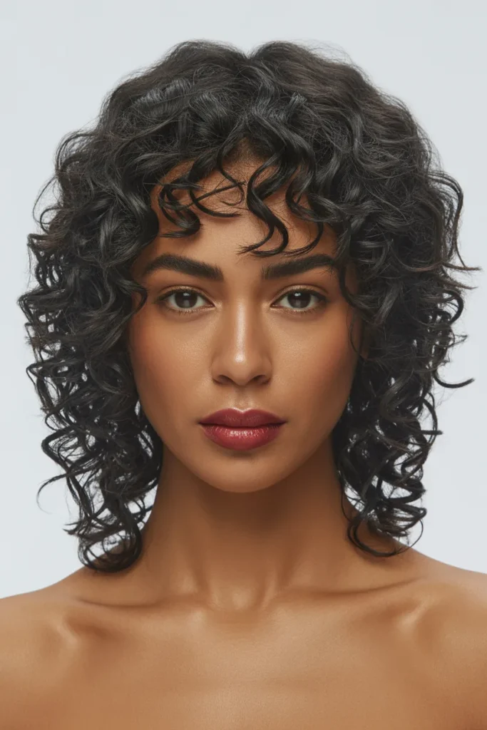 Curly Wolf Cut With Natural Black Hair and Shine